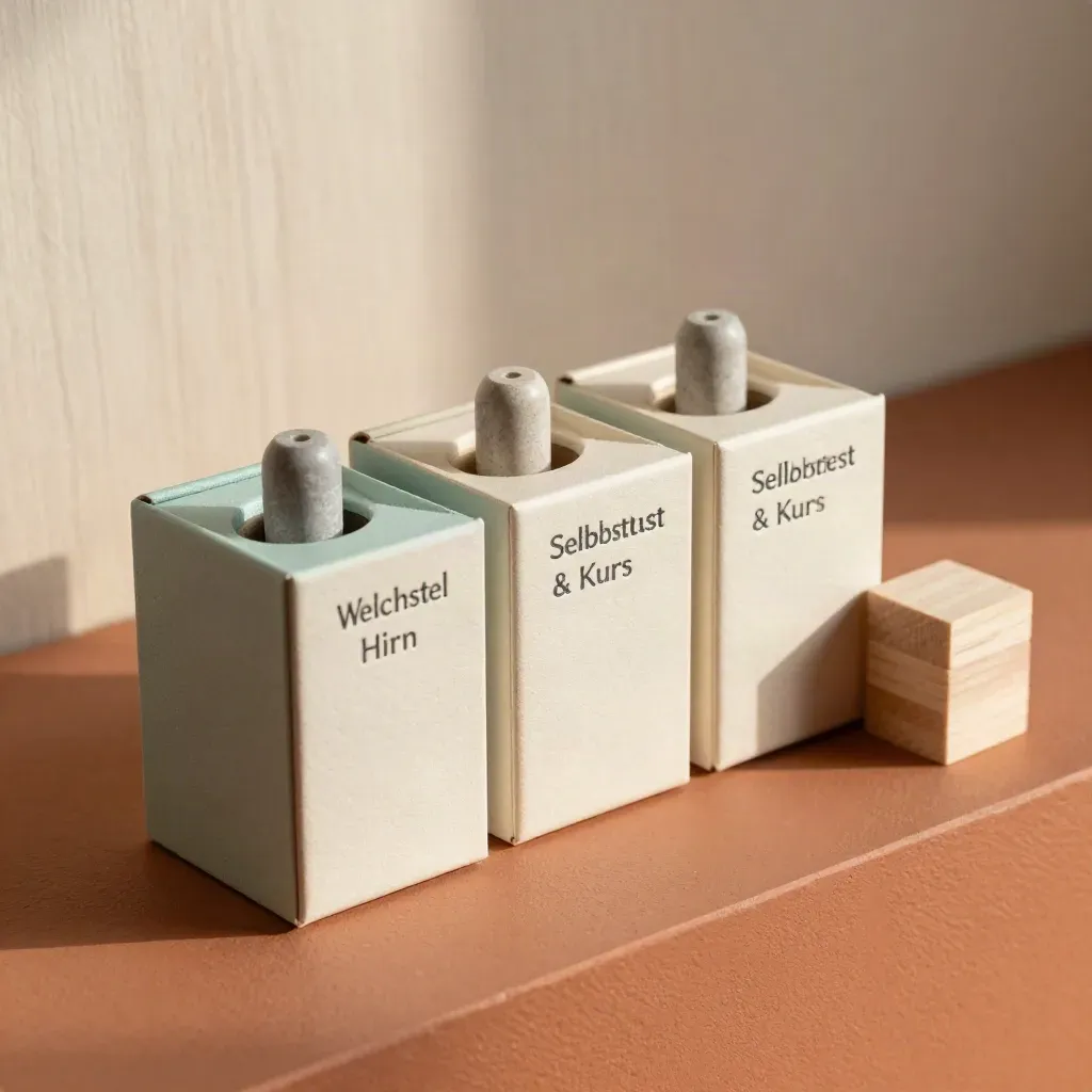Modulare Kartenboxen mit Steinmarkern und Holzstapel auf warmer Terrakottafläche