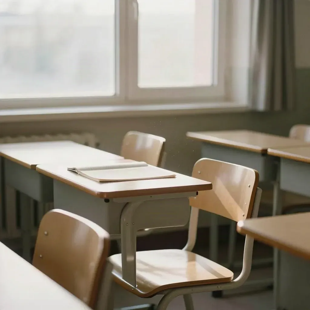 Heller Klassenraum mit ordentlich ausgerichteten Stühlen und geschlossenen Heften am Fenster.