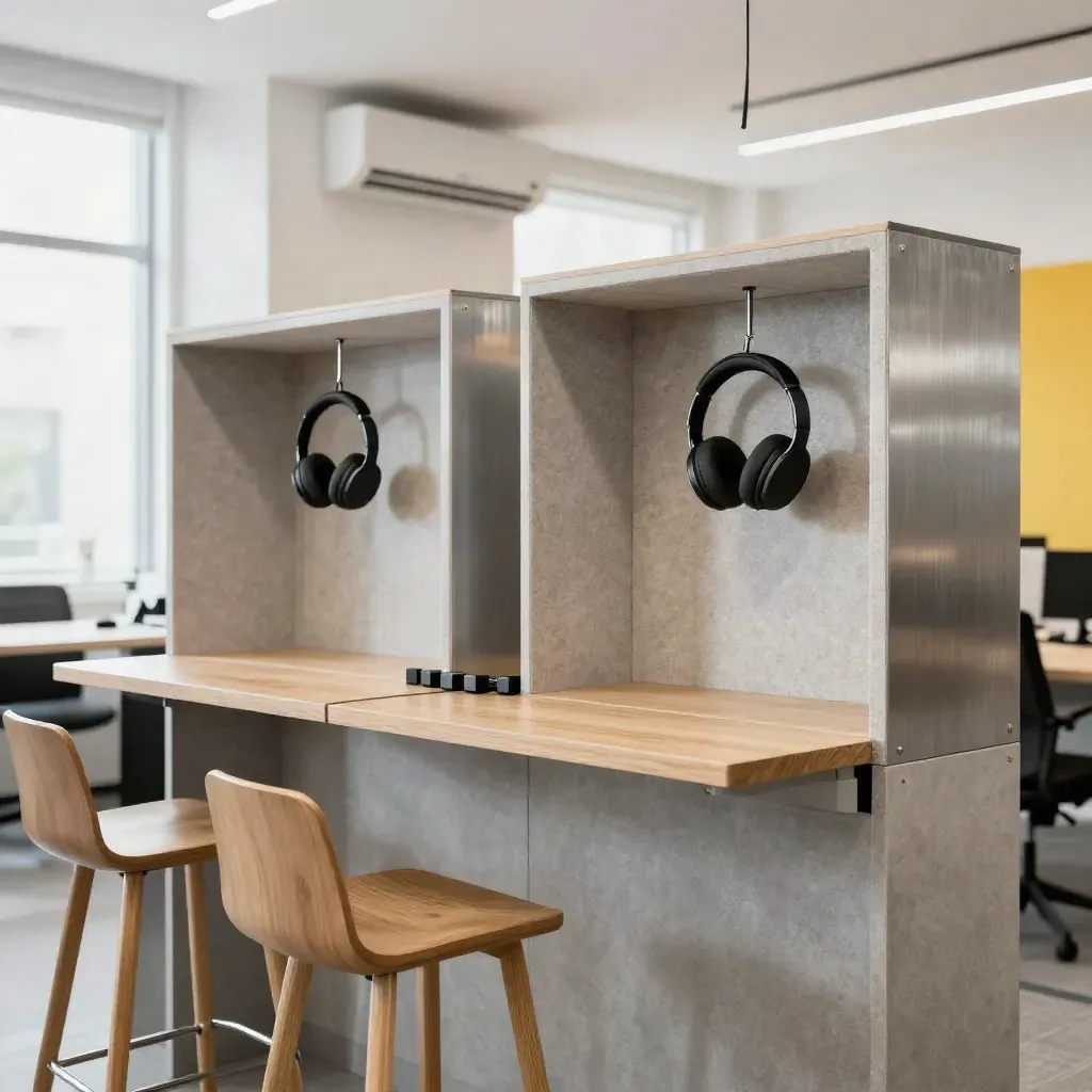 Leeres Start-up-Büro mit Fokus-Nischen, schwingenden Kopfhörern und klarer Arbeitsinsel.
