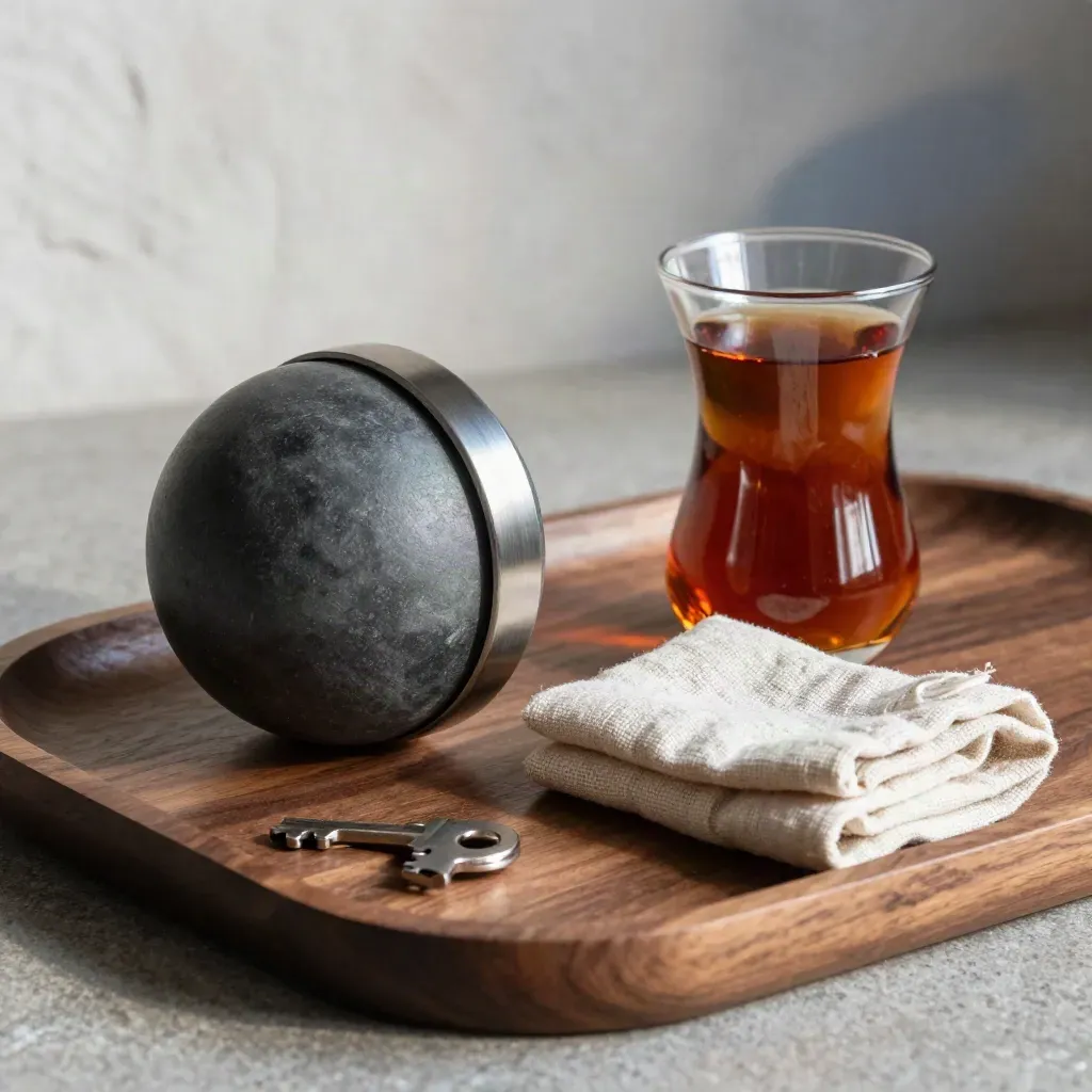 Dramatisches Stillleben mit Stressball, Atemring, Teeglas und Leinenband auf Walnussholz.