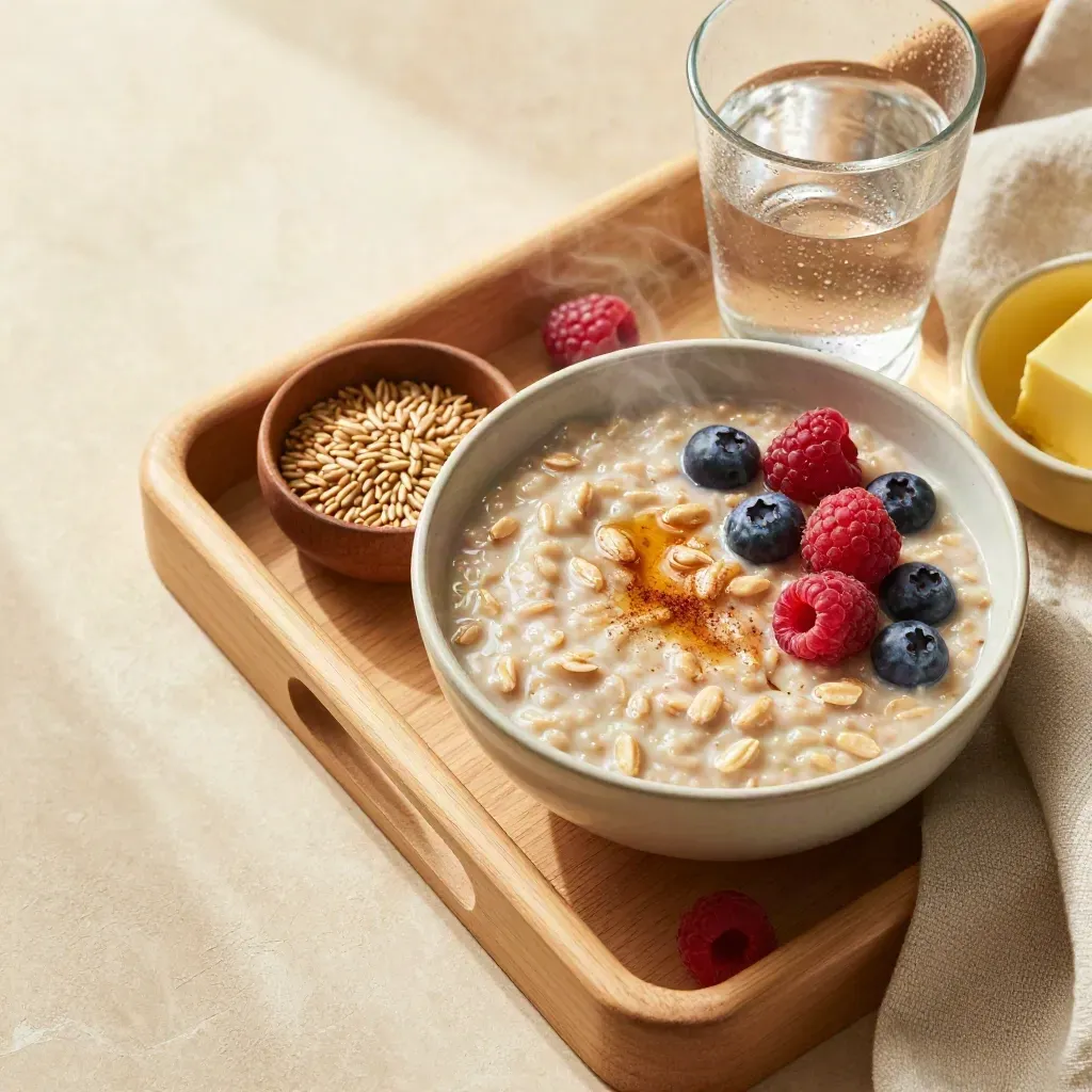 Morgendliches Haferbrei-Tablett mit Beeren, Wasserglas und Holzschale im weichen Fensterlicht