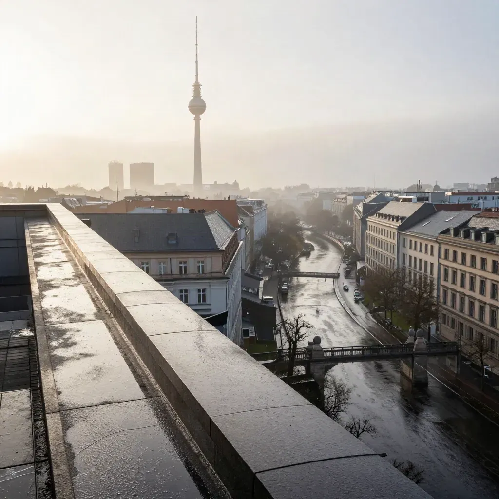 Berliner Skyline im Morgennebel mit Fernsehturm, Spree und nassen Dächern